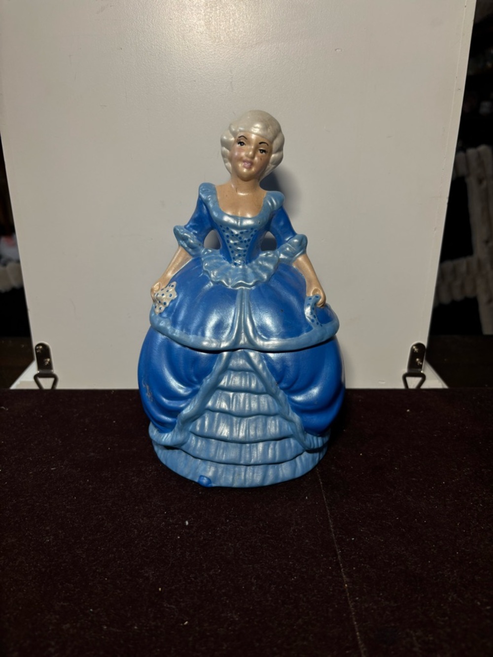 Vintage Lady Figural Powder Jar Blue Dress Dresser Vanity Trinket Box Japan